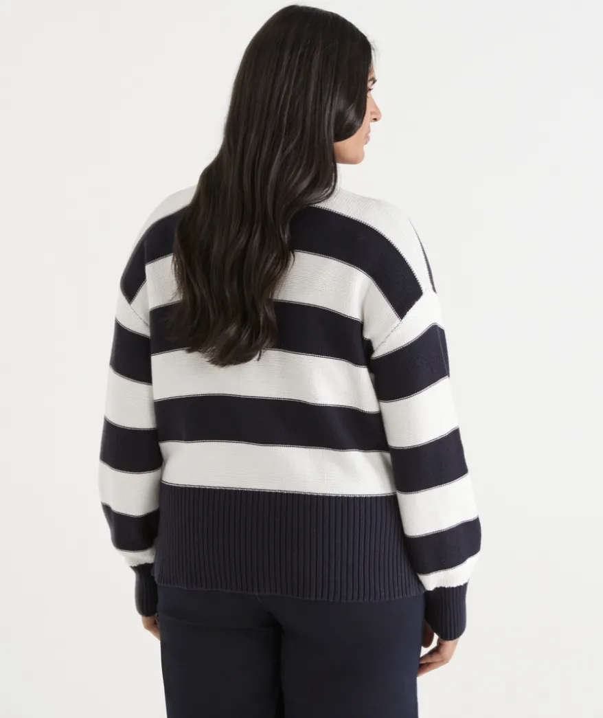V Neck Stripe Cardigan - Ink