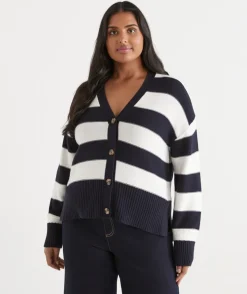 V Neck Stripe Cardigan - Ink